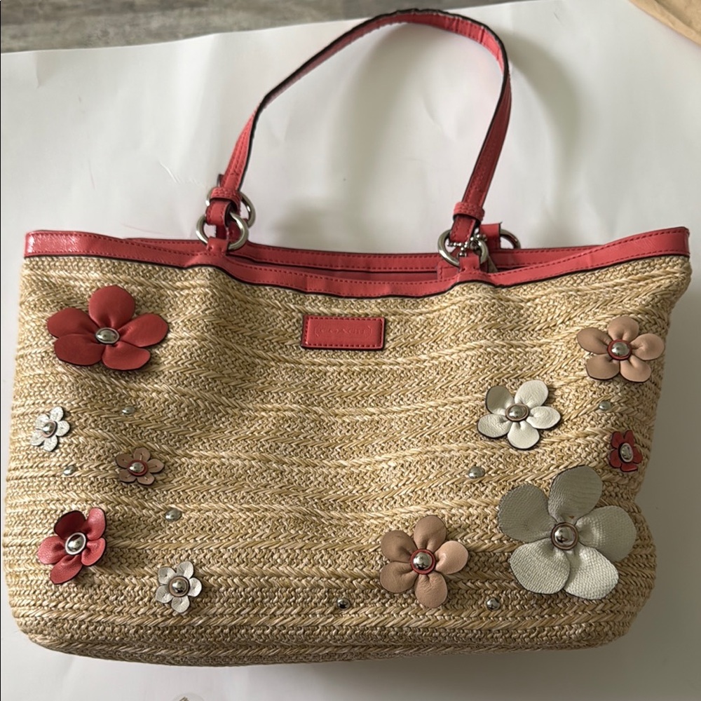 Coach Straw Tote with Red and Floral Accents beach resort vacation